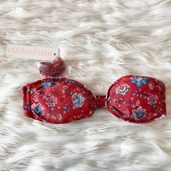 MinkPink Red Strapless Floral Bandeau Bikini Top Sz L - Picture 4 of 11